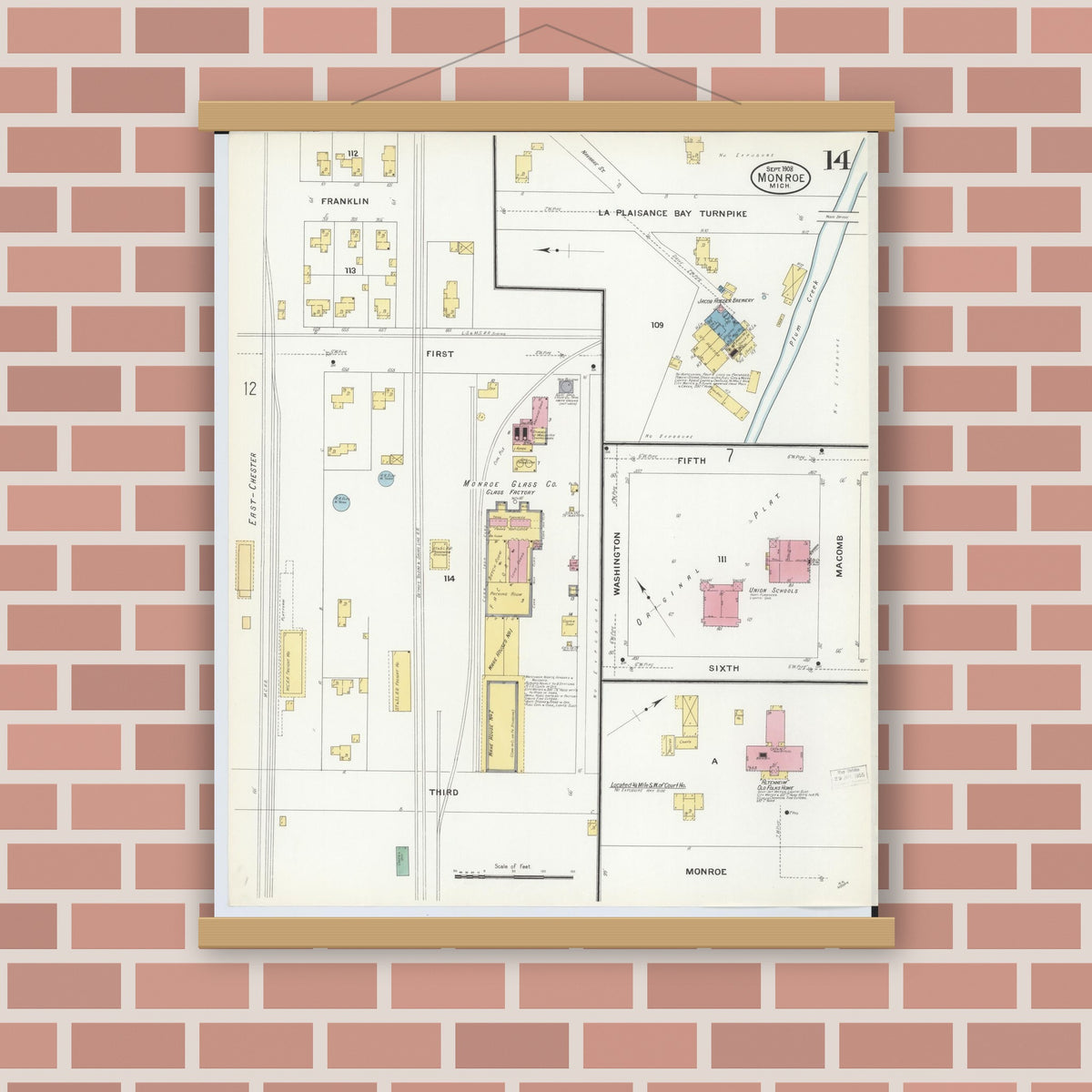 Old map wall art mockup — magnetic wood frame on brick wall — Sanborn Fire Insurance Map from Monroe, Monroe County, Michigan (1908), Sheet #0014