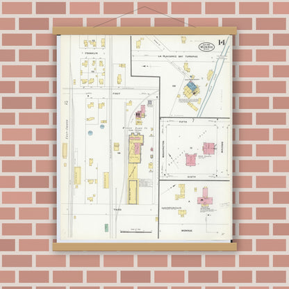 Old map wall art mockup — magnetic wood frame on brick wall — Sanborn Fire Insurance Map from Monroe, Monroe County, Michigan (1908), Sheet #0014