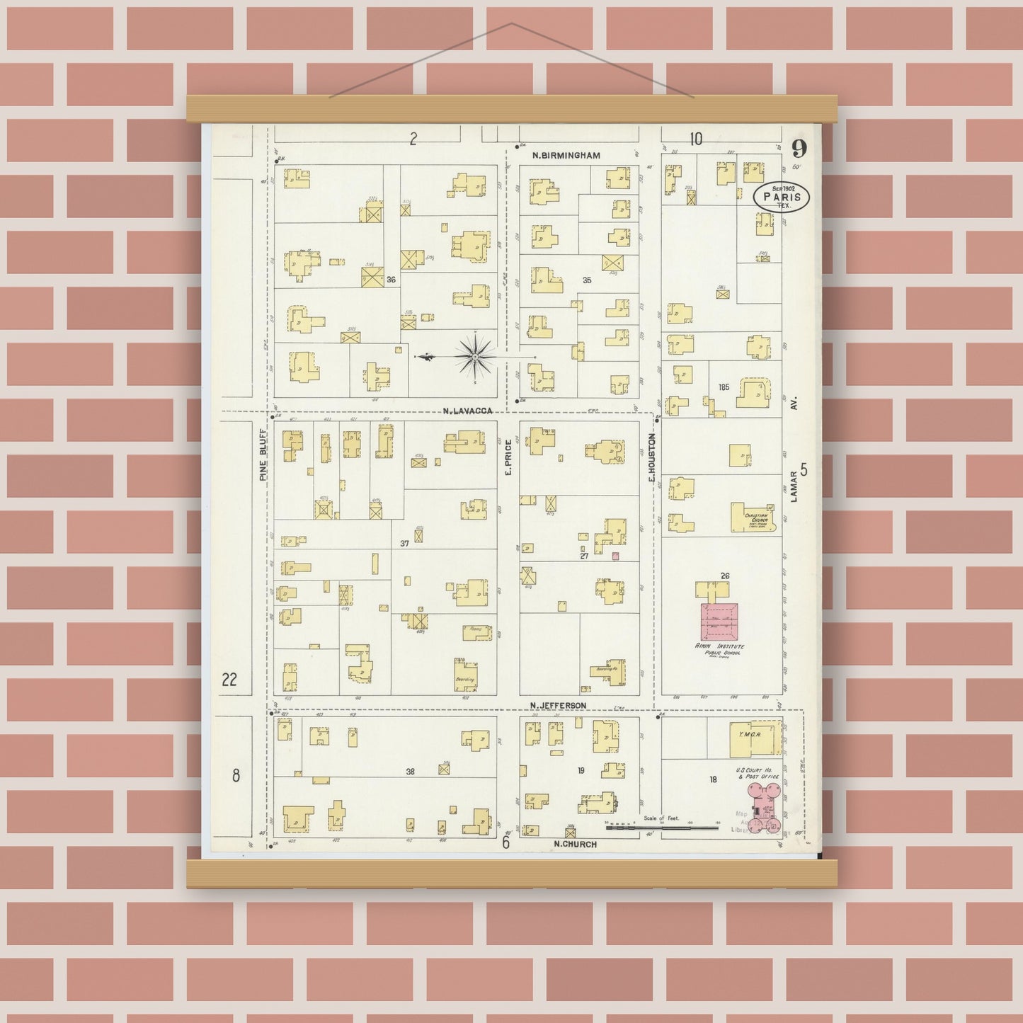 Old map wall art mockup — magnetic wood frame on brick wall — Sanborn Fire Insurance Map from Paris, Lamar County, Texas (1902), Sheet #0009