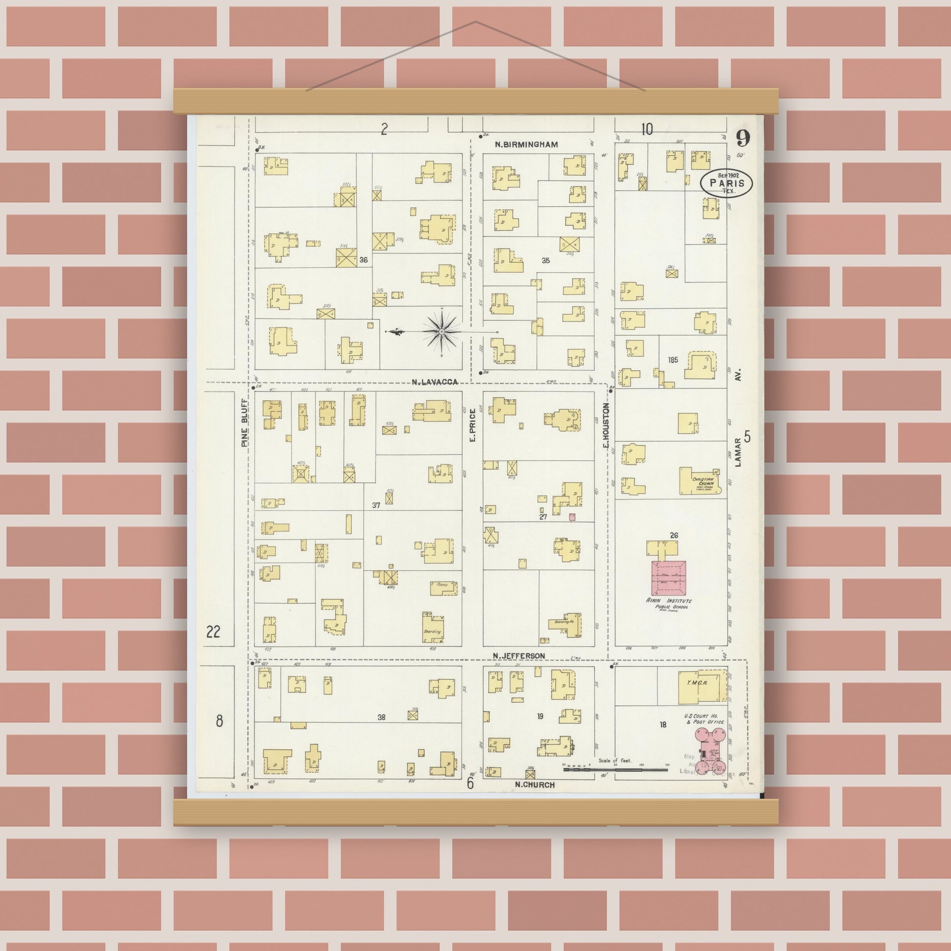 Old map wall art mockup — magnetic wood frame on brick wall — Sanborn Fire Insurance Map from Paris, Lamar County, Texas (1902), Sheet #0009