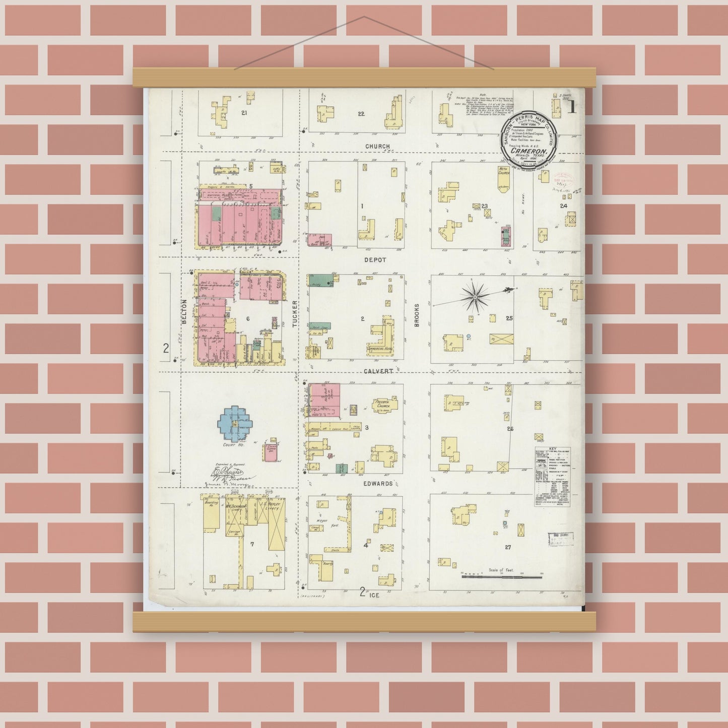 Old map wall art mockup — magnetic wood frame on brick wall — Sanborn Fire Insurance Map from Cameron, Milam County, Texas (1896), Sheet #0001