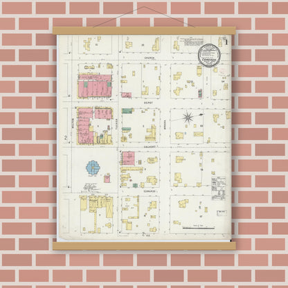 Old map wall art mockup — magnetic wood frame on brick wall — Sanborn Fire Insurance Map from Cameron, Milam County, Texas (1896), Sheet #0001