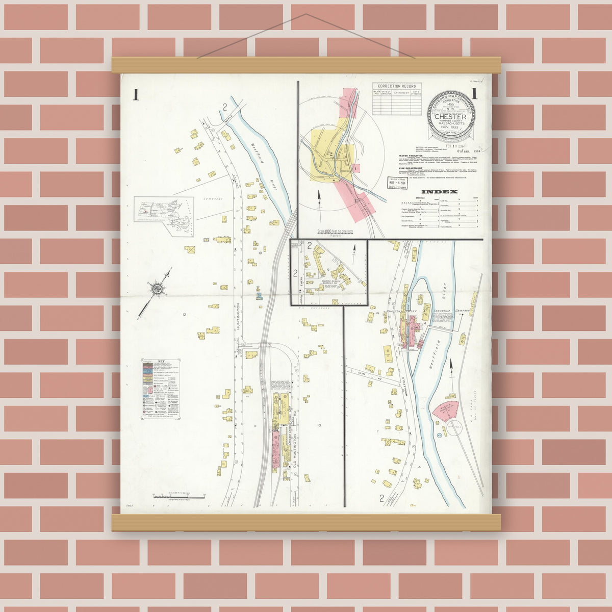 Old map wall art mockup — magnetic wood frame on brick wall — Sanborn Fire Insurance Map from Chester, Hampden County, Massachusetts (1933) - Complete Map Set