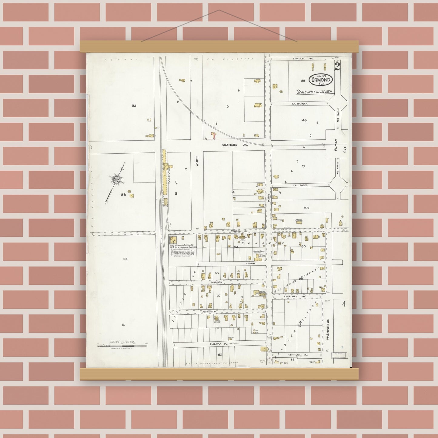 Old map wall art mockup — magnetic wood frame on brick wall — Sanborn Fire Insurance Map from Ormond, Volusia County, Florida (1921), Sheet #0002