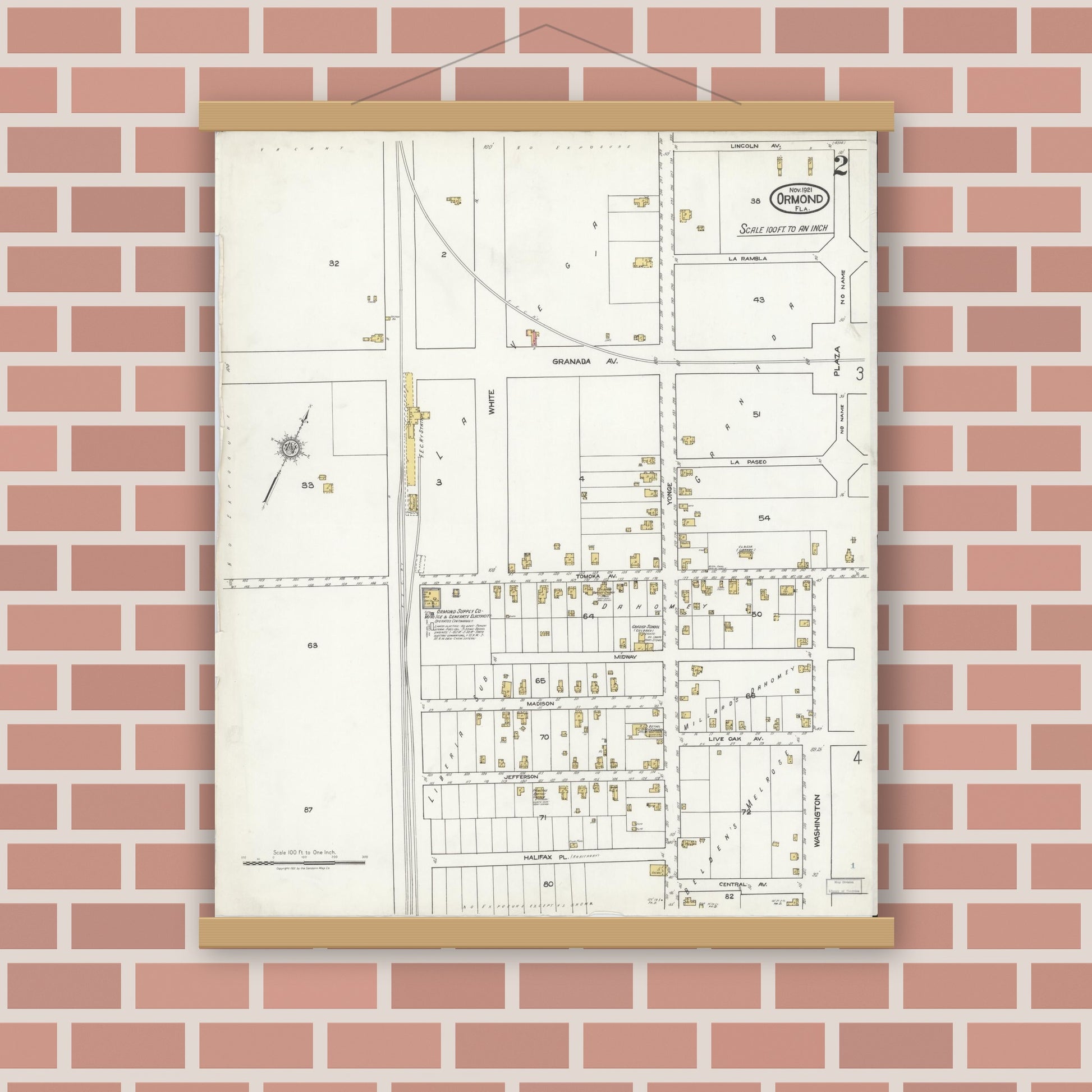 Old map wall art mockup — magnetic wood frame on brick wall — Sanborn Fire Insurance Map from Ormond, Volusia County, Florida (1921), Sheet #0002