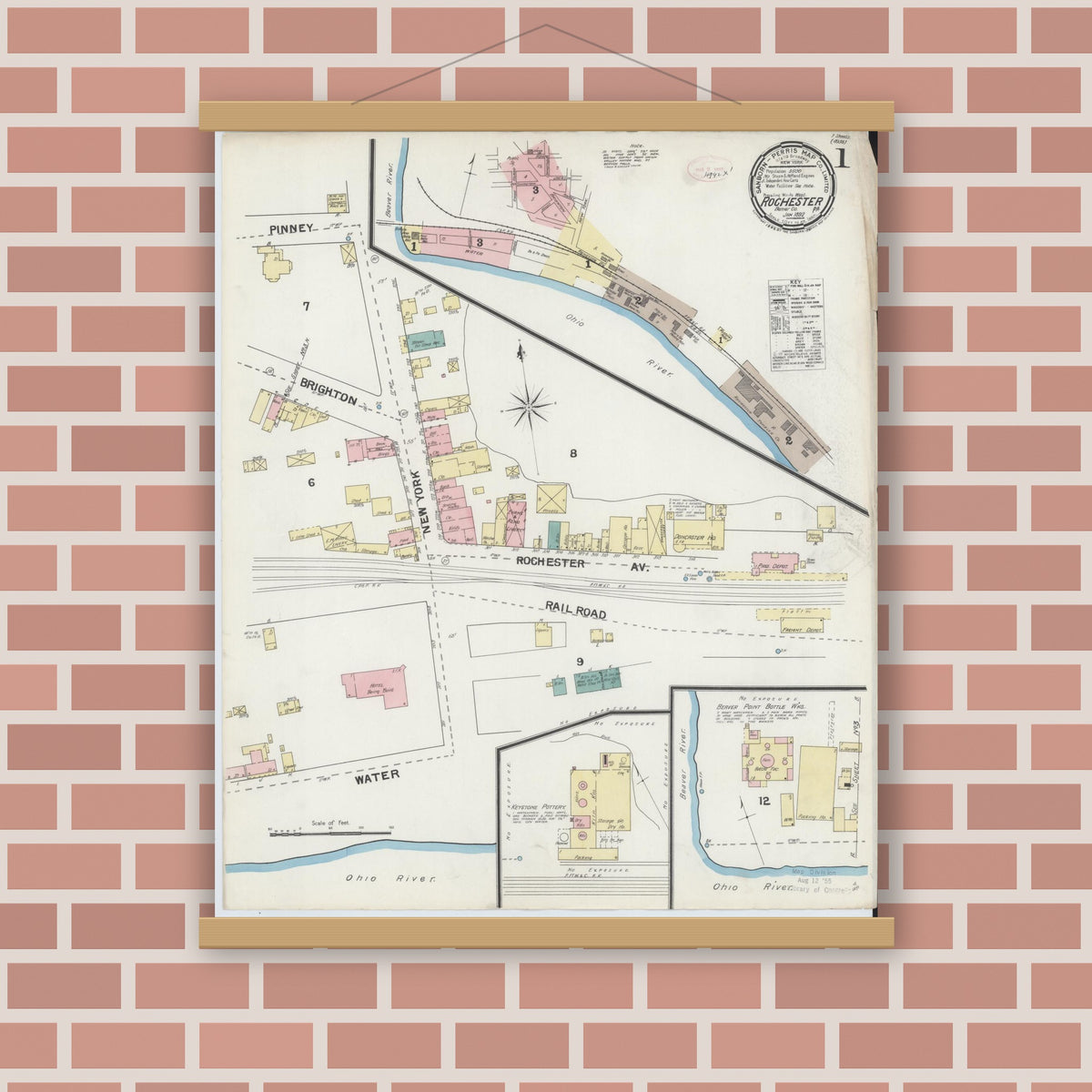 Old map wall art mockup — magnetic wood frame on brick wall — Sanborn Fire Insurance Map from Rochester, Beaver County, Pennsylvania (1892), Sheet #0001