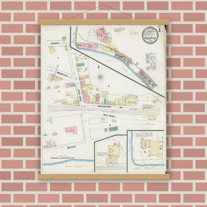 Old map wall art mockup — magnetic wood frame on brick wall — Sanborn Fire Insurance Map from Rochester, Beaver County, Pennsylvania (1892), Sheet #0001