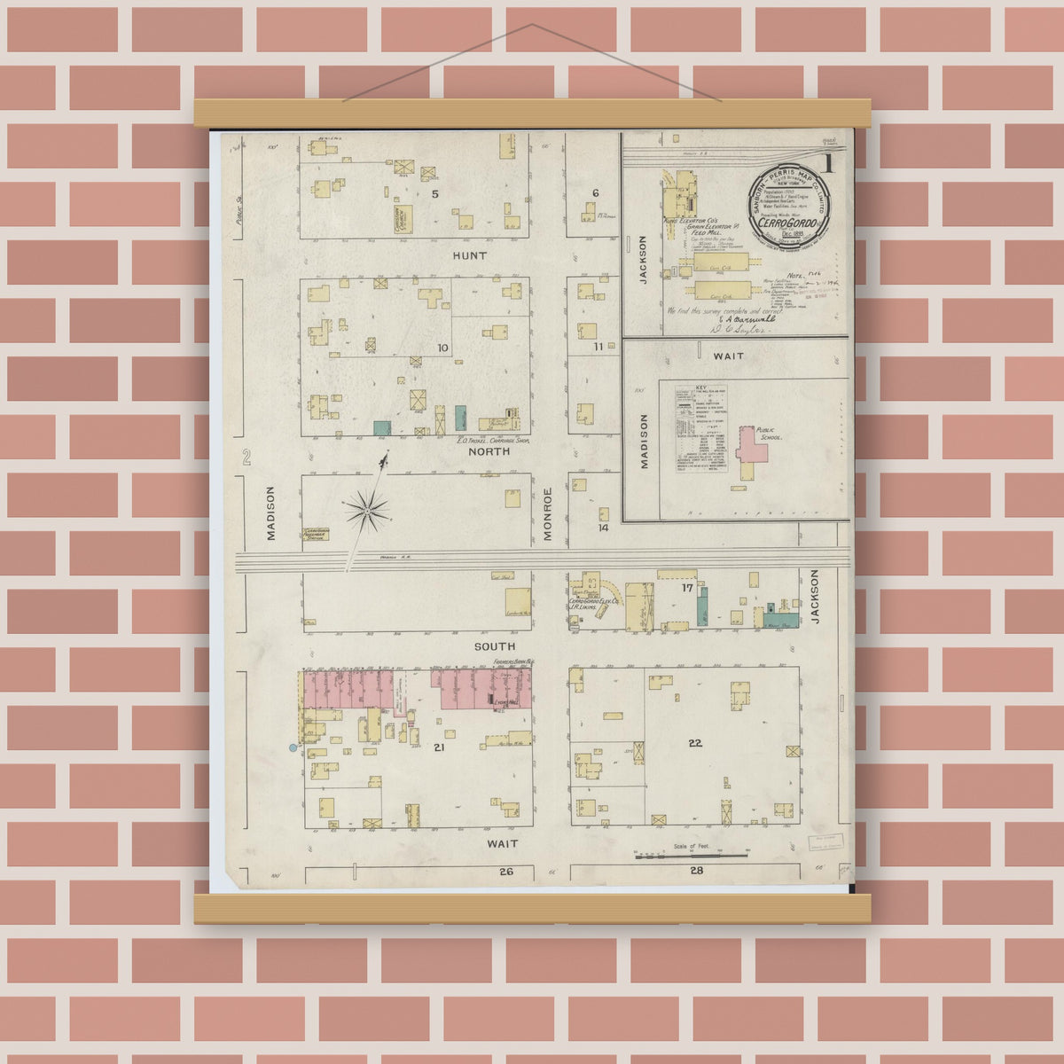 Old map wall art mockup — magnetic wood frame on brick wall — Sanborn Fire Insurance Map from Cerro Gordo, Piatt County, Illinois (1893), Sheet #0001