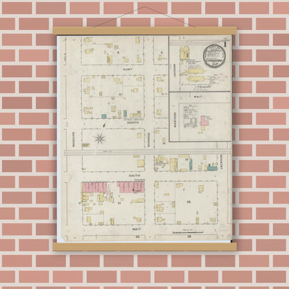 Old map wall art mockup — magnetic wood frame on brick wall — Sanborn Fire Insurance Map from Cerro Gordo, Piatt County, Illinois (1893), Sheet #0001