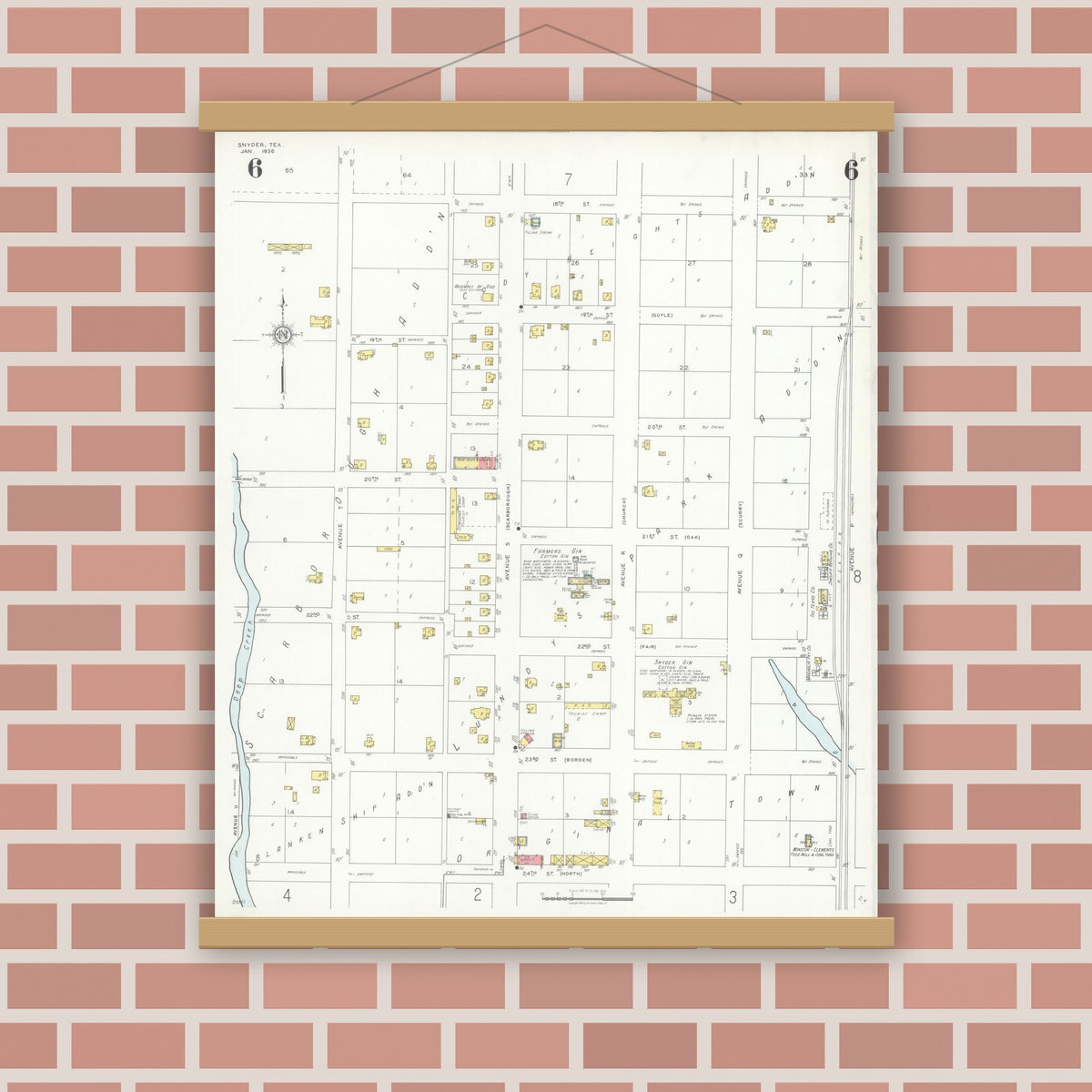 Old map wall art mockup — magnetic wood frame on brick wall — Sanborn Fire Insurance Map from Snyder, Scurry County, Texas (1936), Sheet #0006