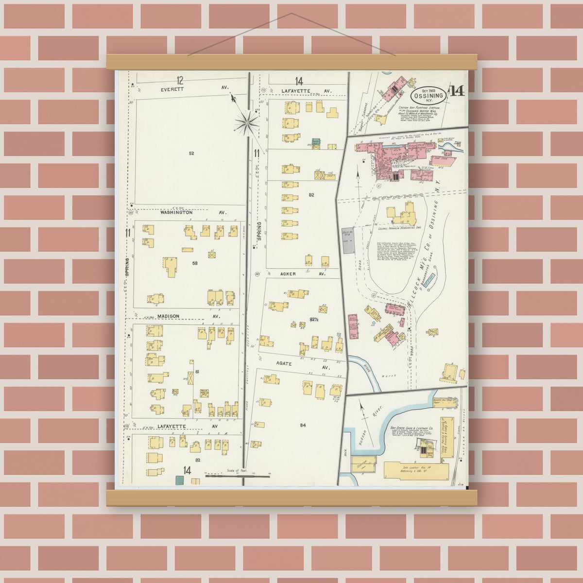 Old map wall art mockup — magnetic wood frame on brick wall — Sanborn Fire Insurance Map from Ossining, Westchester County, New York (1903), Sheet #0014