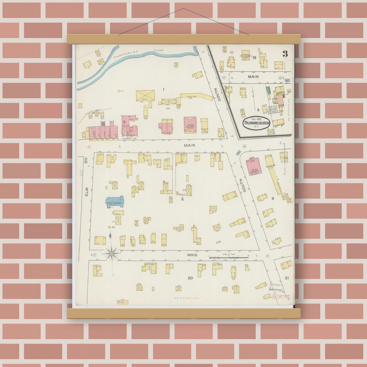 Old map wall art mockup — magnetic wood frame on brick wall — Sanborn Fire Insurance Map from Trumansburg, Tompkins County, New York (1893), Sheet #0003