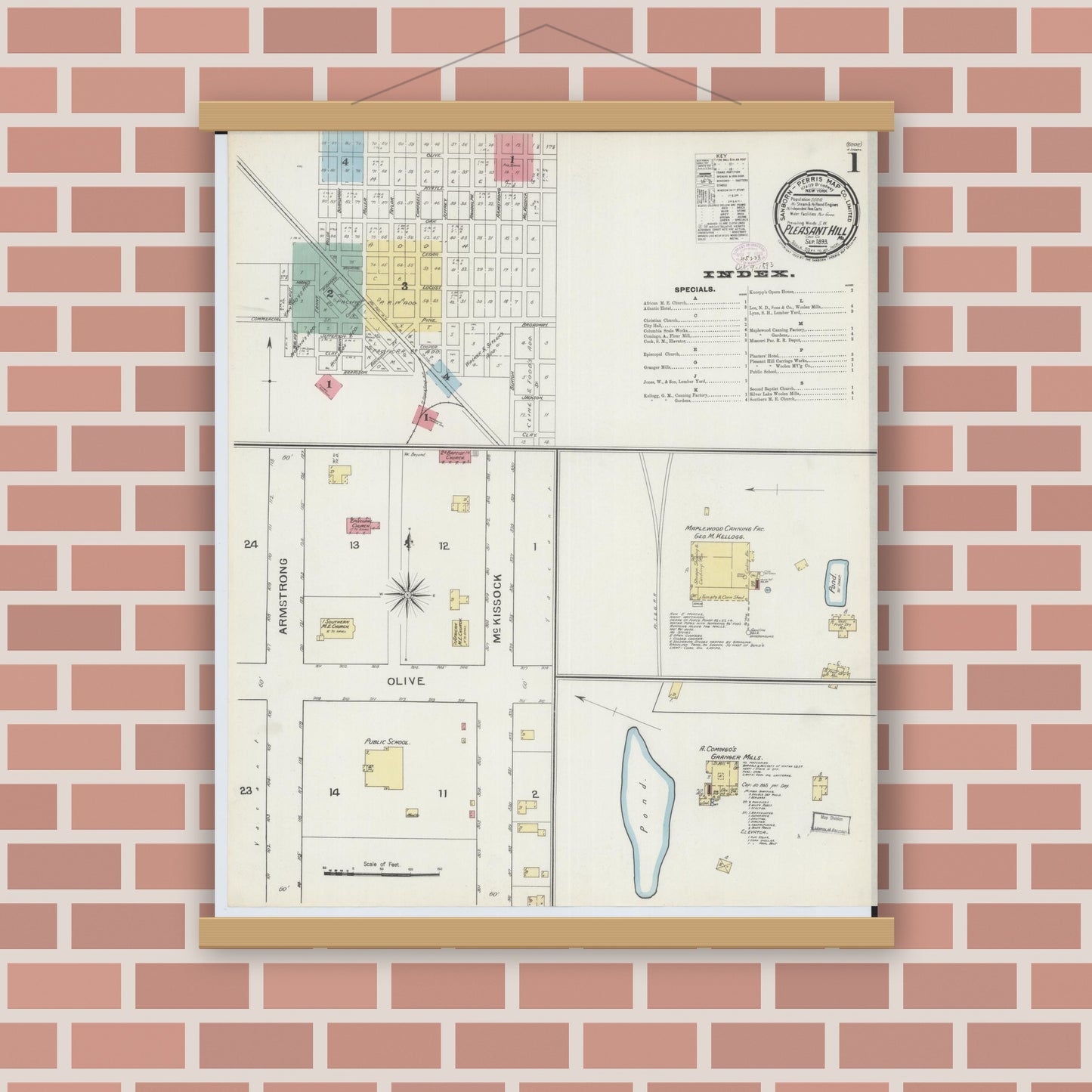 Old map wall art mockup — magnetic wood frame on brick wall — Sanborn Fire Insurance Map from Pleasant Hill, Cass County, Missouri (1893) - Complete Map Set