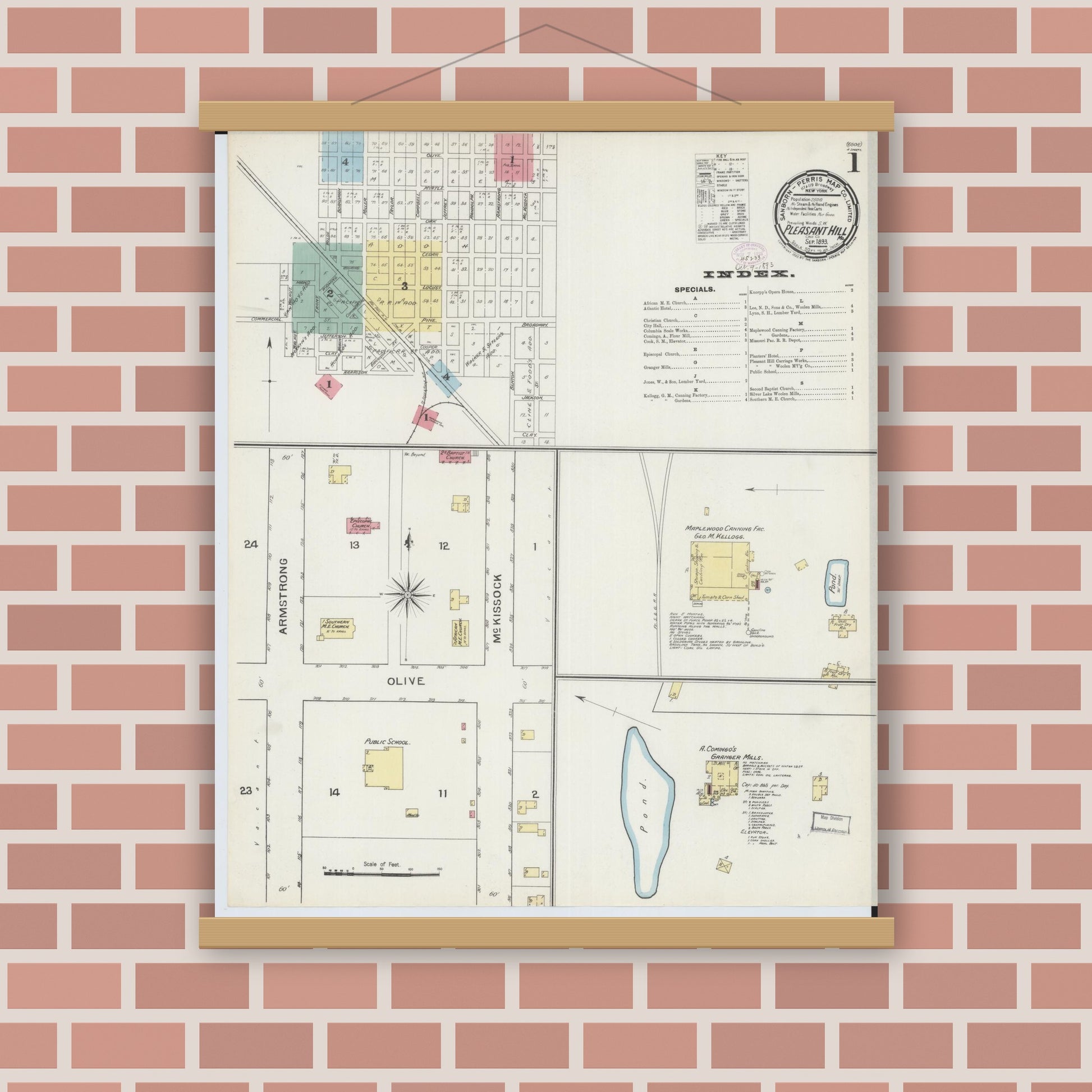 Old map wall art mockup — magnetic wood frame on brick wall — Sanborn Fire Insurance Map from Pleasant Hill, Cass County, Missouri (1893) - Complete Map Set