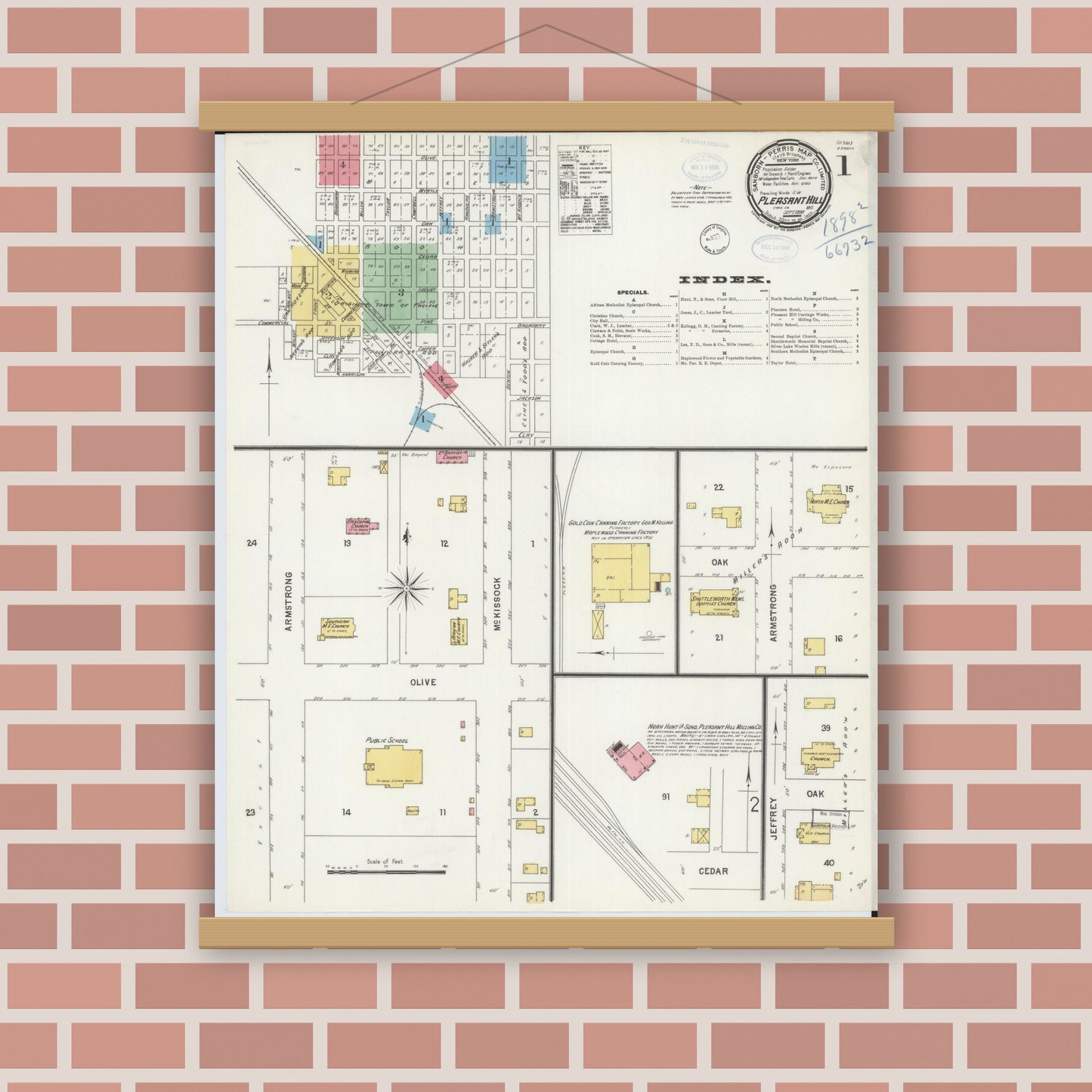 Old map wall art mockup — magnetic wood frame on brick wall — Sanborn Fire Insurance Map from Pleasant Hill, Cass County, Missouri (1898) - Complete Map Set