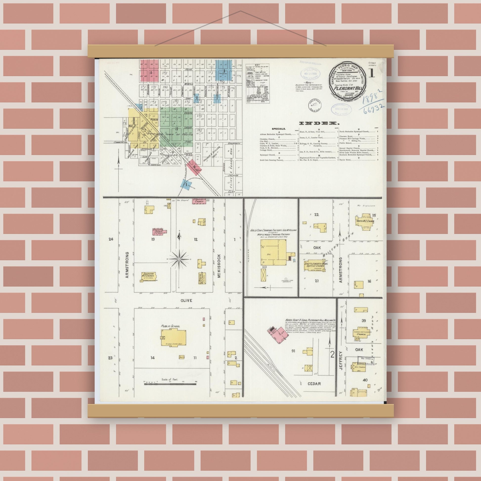 Old map wall art mockup — magnetic wood frame on brick wall — Sanborn Fire Insurance Map from Pleasant Hill, Cass County, Missouri (1898) - Complete Map Set