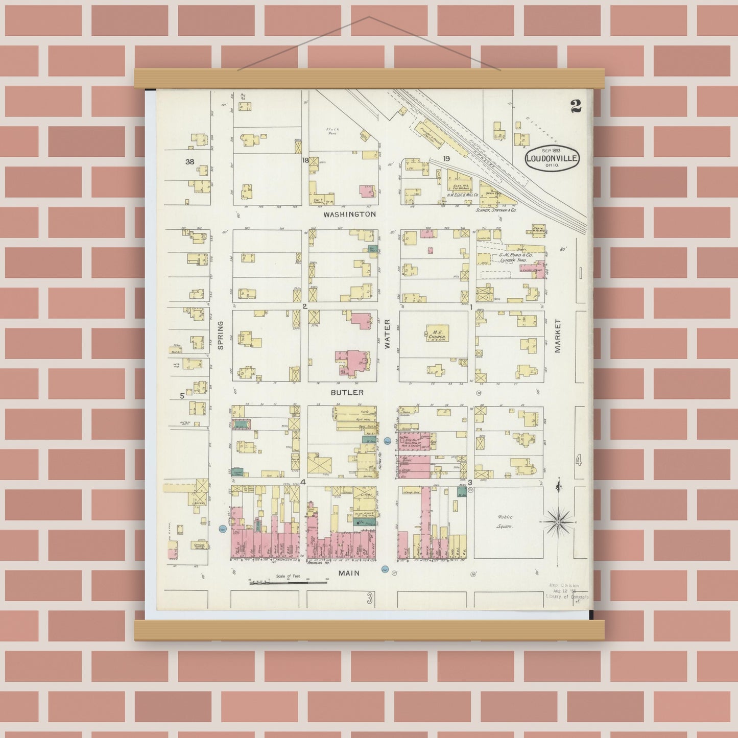 Old map wall art mockup — magnetic wood frame on brick wall — Sanborn Fire Insurance Map from Loudonville, Ashland County, Ohio (1893), Sheet #0002