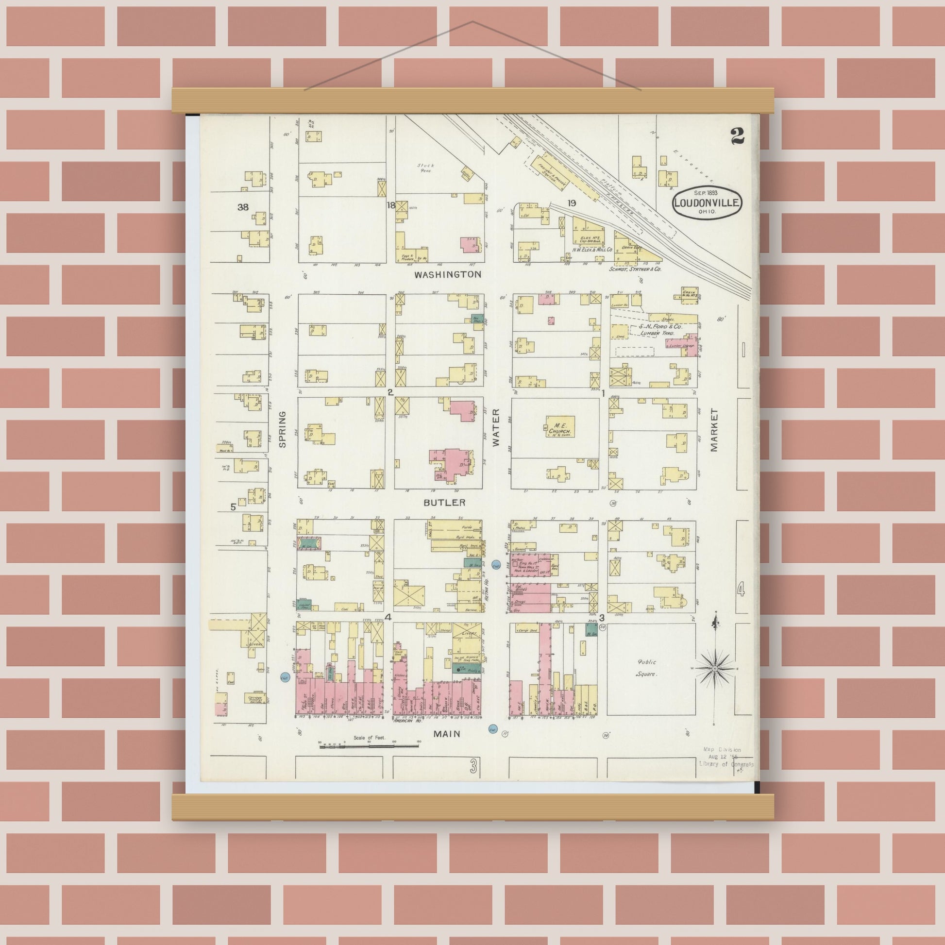 Old map wall art mockup — magnetic wood frame on brick wall — Sanborn Fire Insurance Map from Loudonville, Ashland County, Ohio (1893), Sheet #0002
