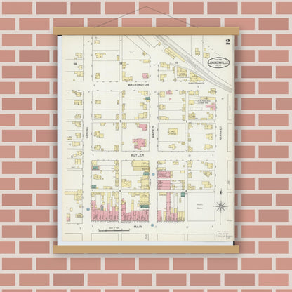 Old map wall art mockup — magnetic wood frame on brick wall — Sanborn Fire Insurance Map from Loudonville, Ashland County, Ohio (1893), Sheet #0002
