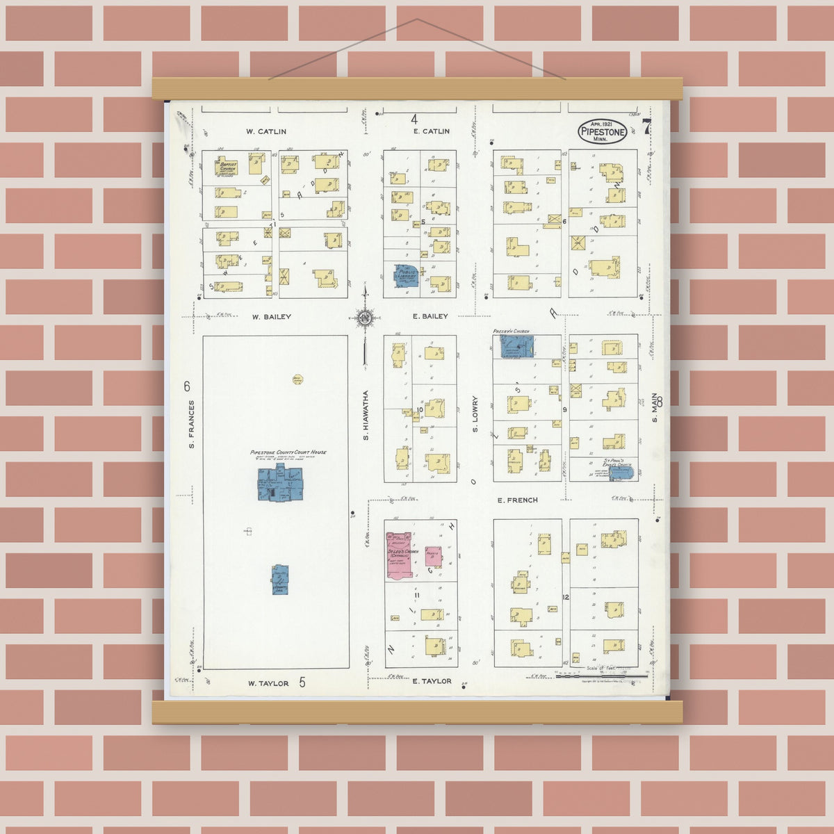 Old map wall art mockup — magnetic wood frame on brick wall — Sanborn Fire Insurance Map from Pipestone, Pipestone County, Minnesota (1921), Sheet #0007