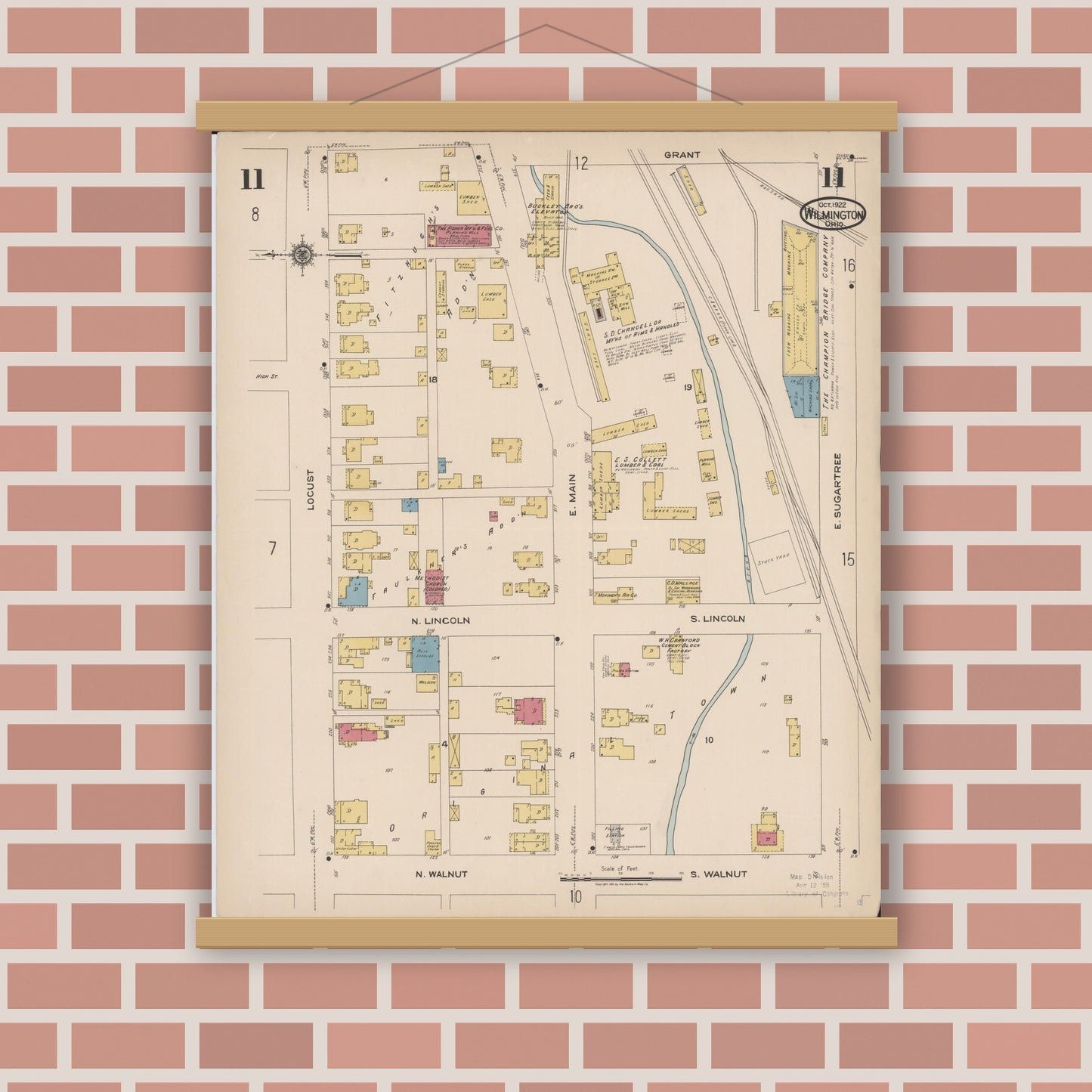 Old map wall art mockup — magnetic wood frame on brick wall — Sanborn Fire Insurance Map from Wilmington, Clinton County, Ohio (1922), Sheet #0011