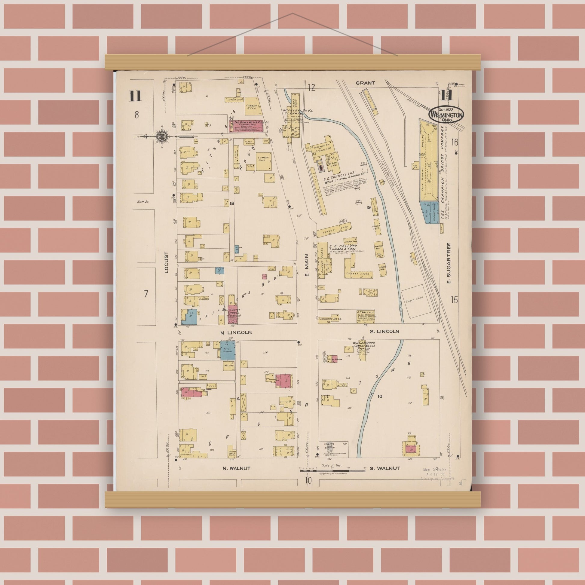 Old map wall art mockup — magnetic wood frame on brick wall — Sanborn Fire Insurance Map from Wilmington, Clinton County, Ohio (1922), Sheet #0011