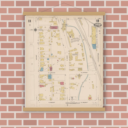 Old map wall art mockup — magnetic wood frame on brick wall — Sanborn Fire Insurance Map from Wilmington, Clinton County, Ohio (1922), Sheet #0011