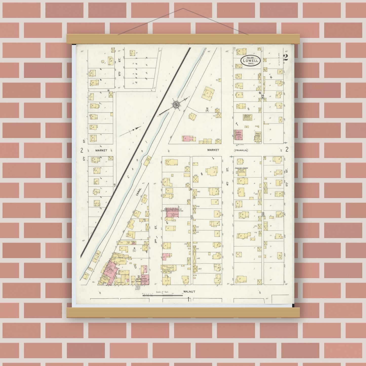 Old map wall art mockup — magnetic wood frame on brick wall — Sanborn Fire Insurance Map from Lowell, Washington County, Ohio (1911), Sheet #0002
