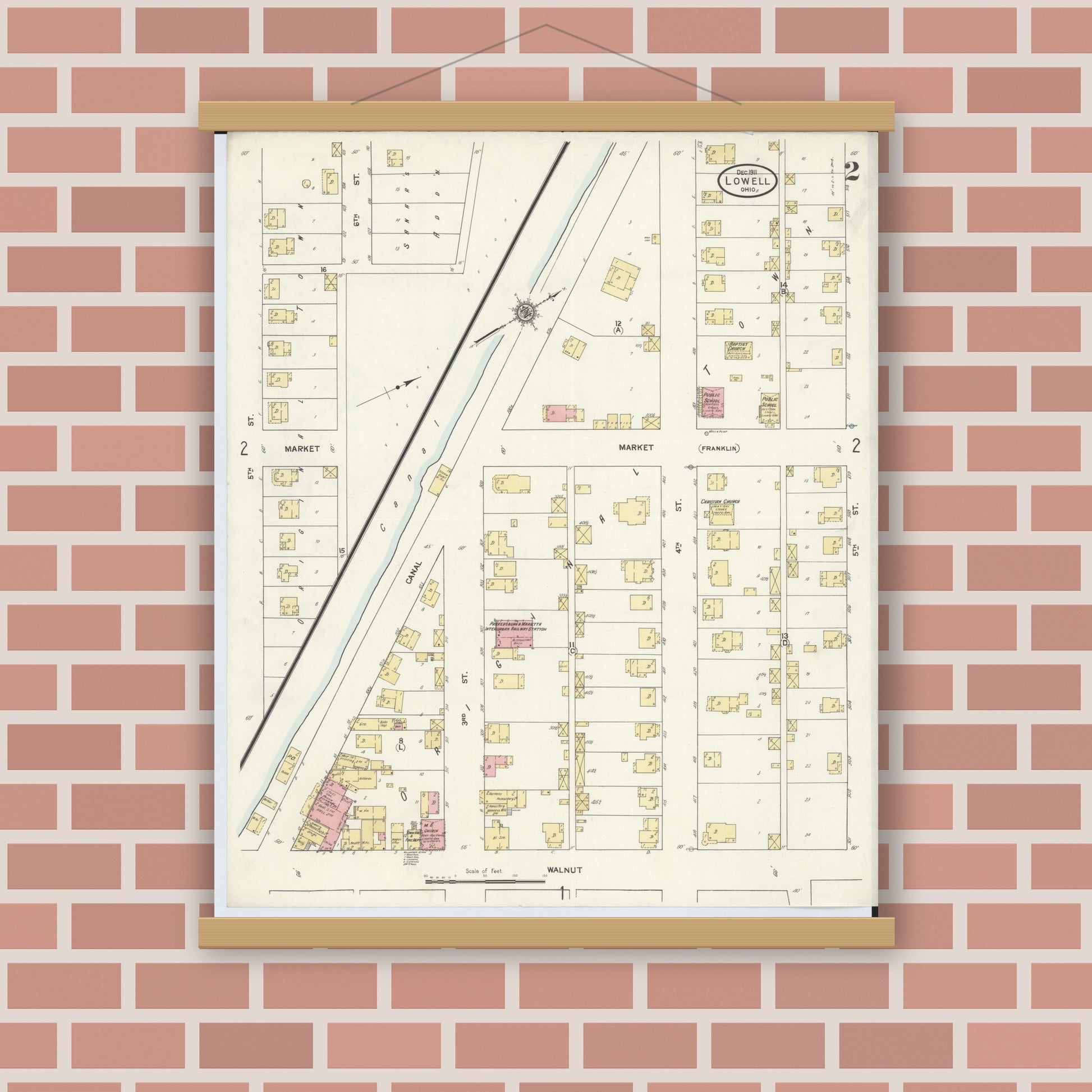 Old map wall art mockup — magnetic wood frame on brick wall — Sanborn Fire Insurance Map from Lowell, Washington County, Ohio (1911), Sheet #0002