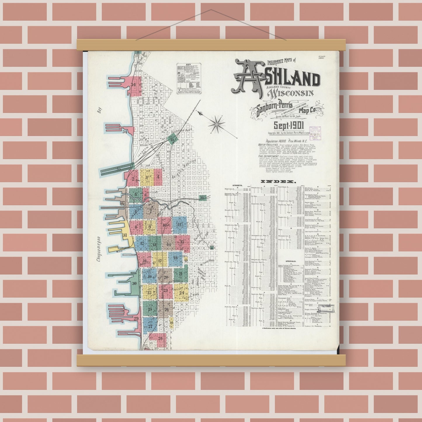 Old map wall art mockup — magnetic wood frame on brick wall — Sanborn Fire Insurance Map from Ashland, Ashland County, Wisconsin (1901), Sheet #0001