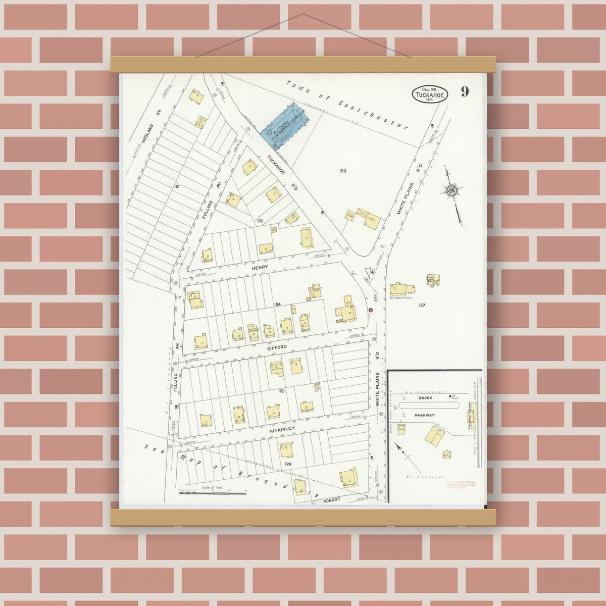 Old map wall art mockup — magnetic wood frame on brick wall — Sanborn Fire Insurance Map from Tuckahoe, Westchester County, New York (1911), Sheet #0009
