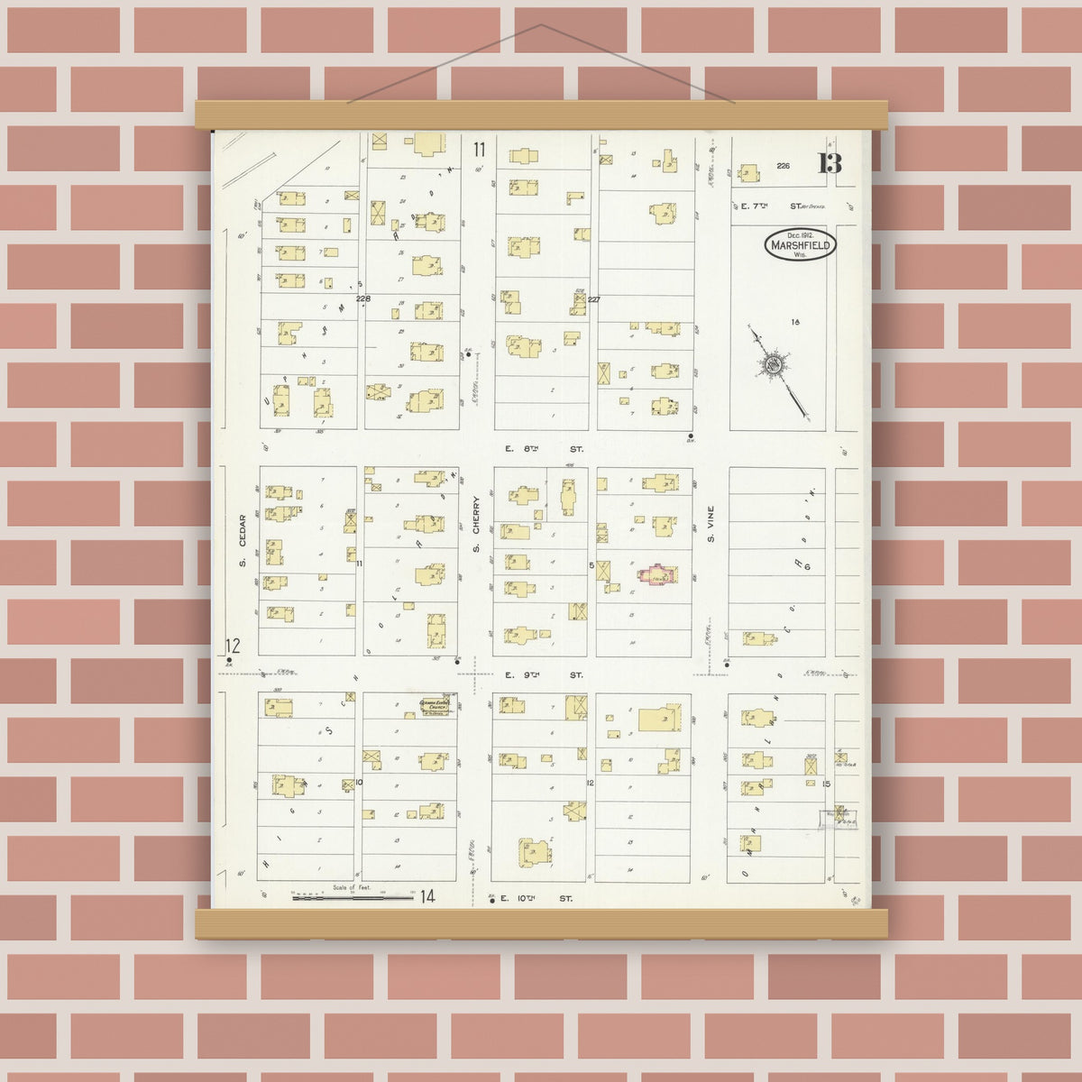 Old map wall art mockup — magnetic wood frame on brick wall — Sanborn Fire Insurance Map from Marshfield, Wood County, Wisconsin (1912), Sheet #0013