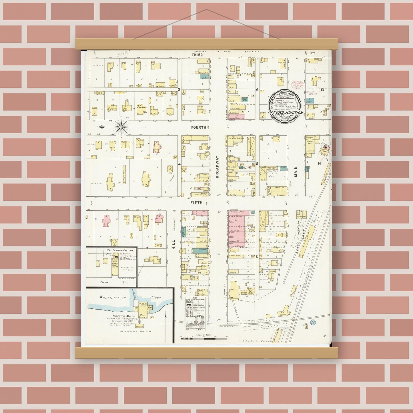 Old map wall art mockup — magnetic wood frame on brick wall — Sanborn Fire Insurance Map from Oxford Junction, Jones County, Iowa (1895), Sheet #0001