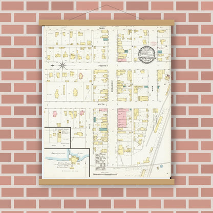 Old map wall art mockup — magnetic wood frame on brick wall — Sanborn Fire Insurance Map from Oxford Junction, Jones County, Iowa (1895), Sheet #0001