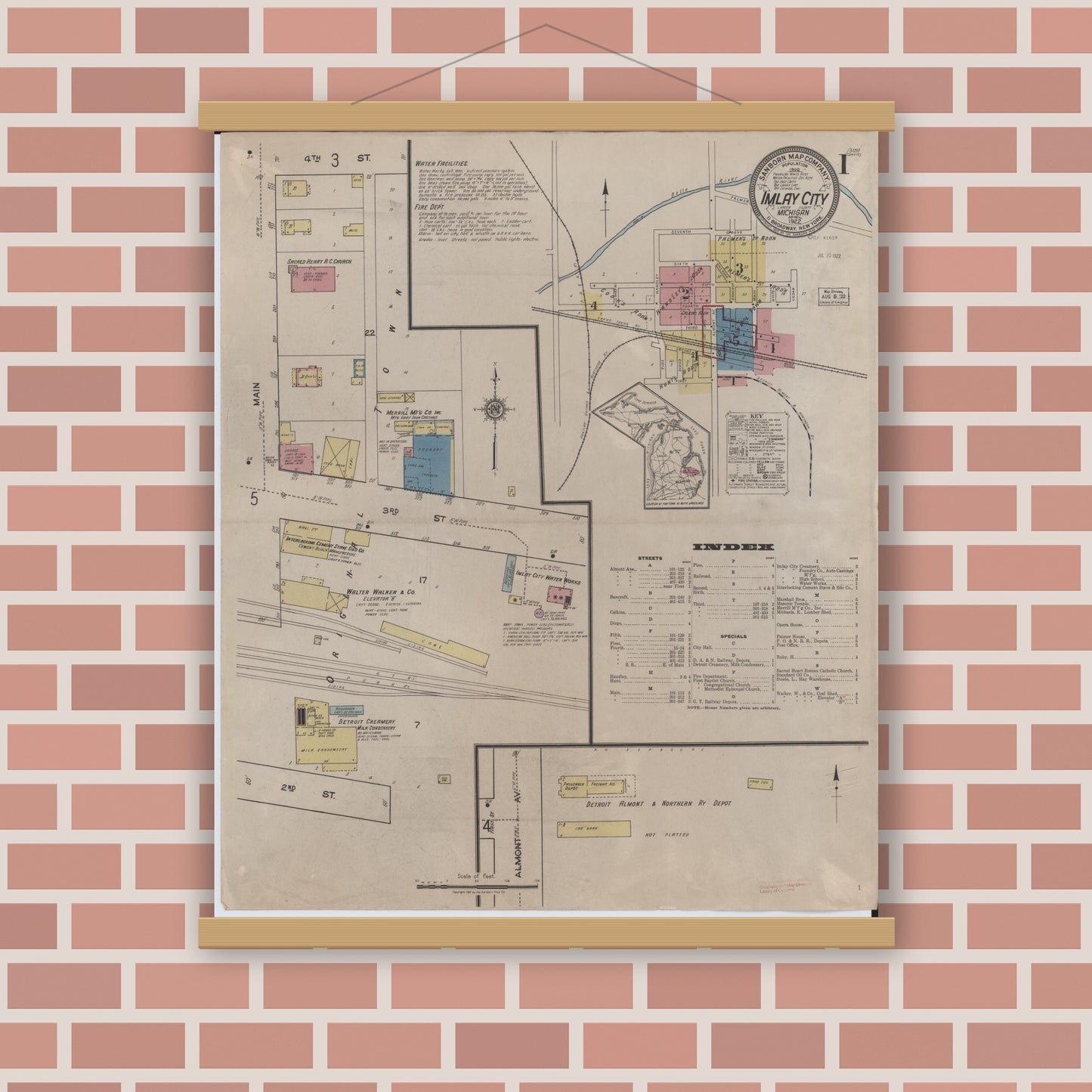 Old map wall art mockup — magnetic wood frame on brick wall — Sanborn Fire Insurance Map from Imlay City, Lapeer County, Michigan (1922) - Complete Map Set