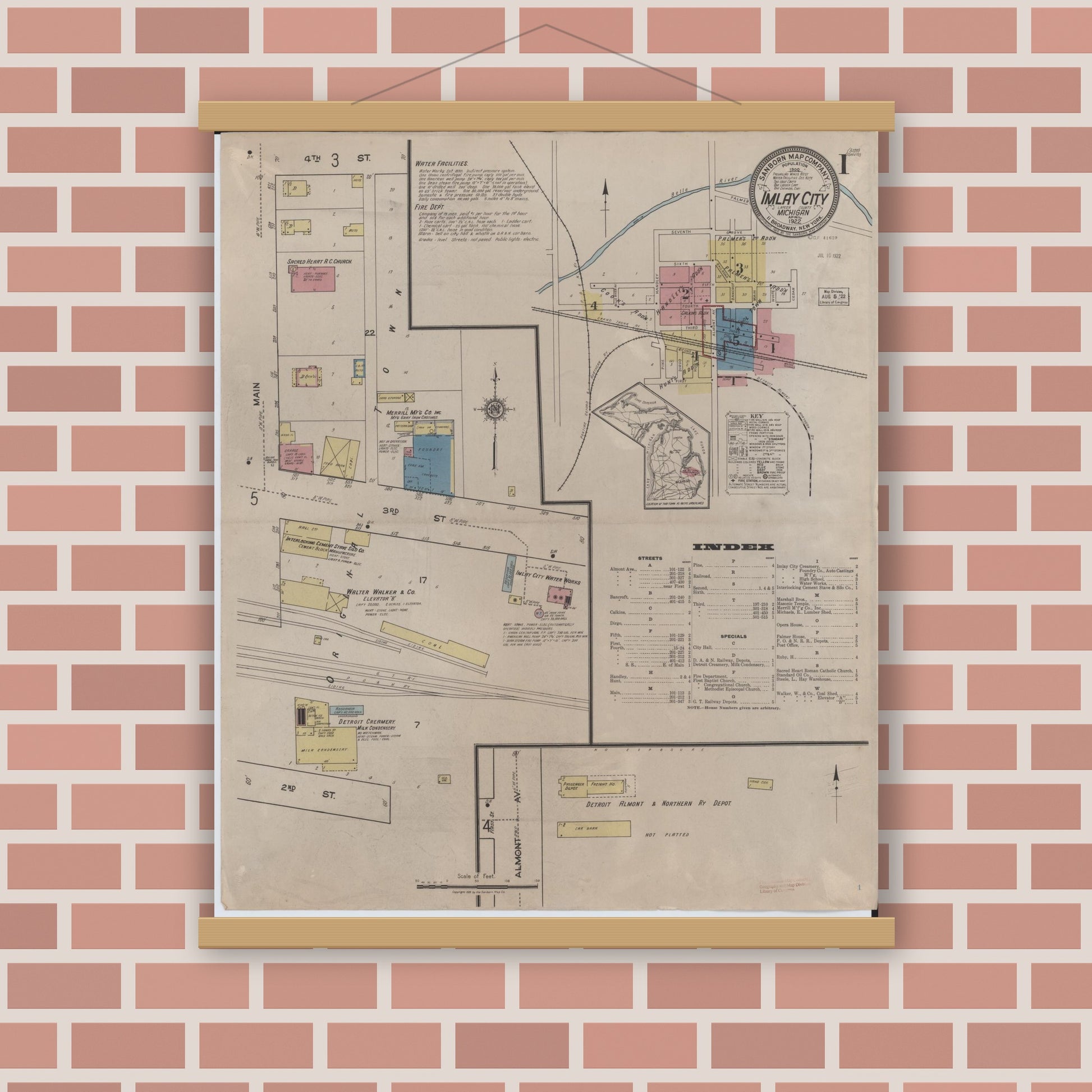 Old map wall art mockup — magnetic wood frame on brick wall — Sanborn Fire Insurance Map from Imlay City, Lapeer County, Michigan (1922) - Complete Map Set