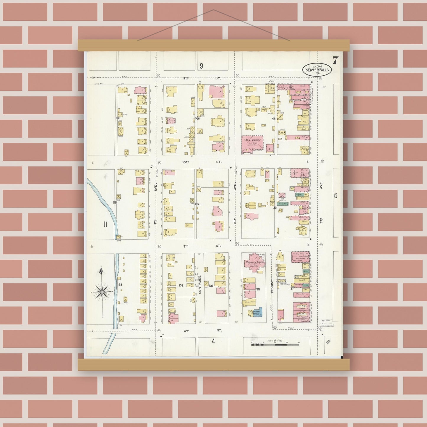 Old map wall art mockup — magnetic wood frame on brick wall — Sanborn Fire Insurance Map from Beaver Falls, Beaver County, Pennsylvania (1907), Sheet #0007