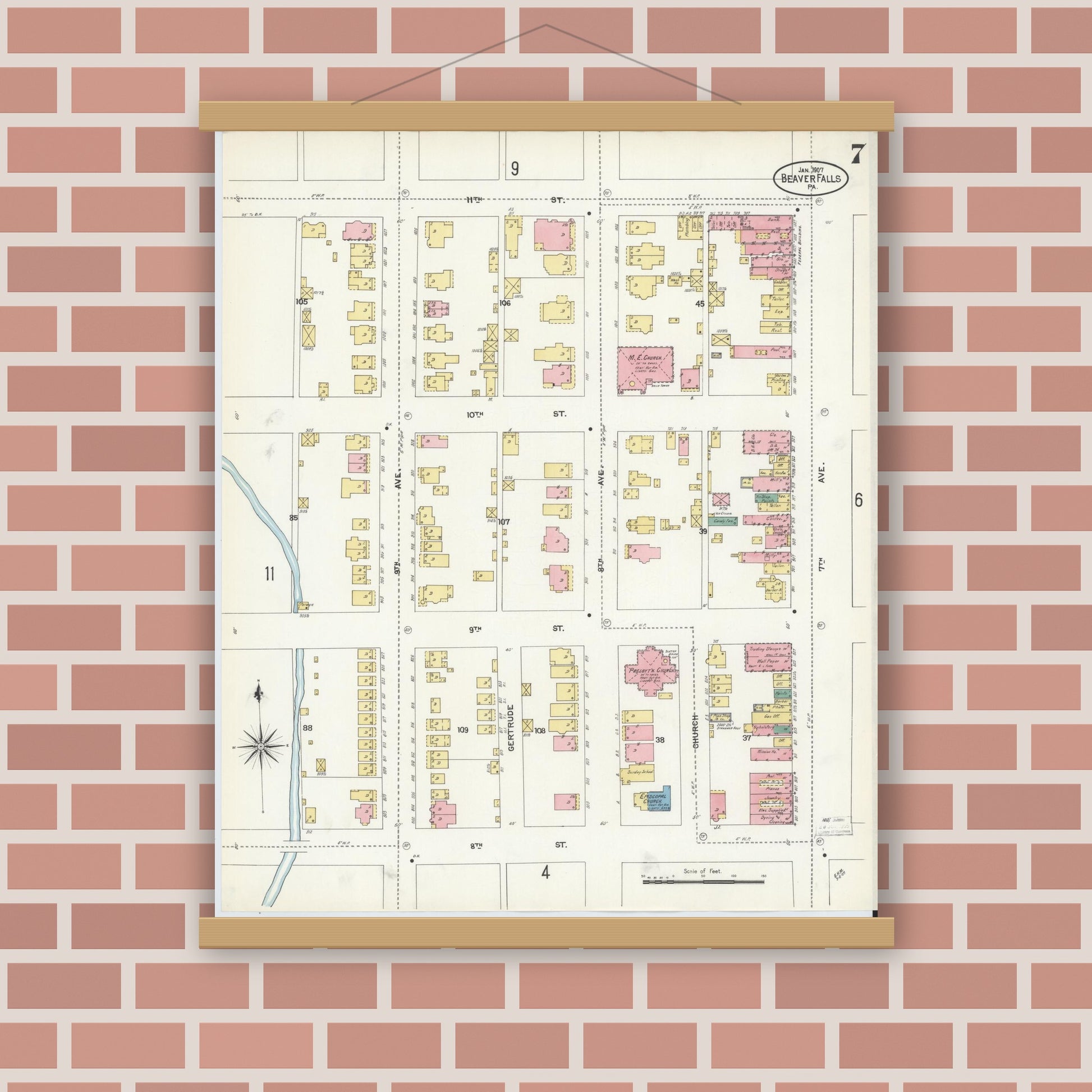 Old map wall art mockup — magnetic wood frame on brick wall — Sanborn Fire Insurance Map from Beaver Falls, Beaver County, Pennsylvania (1907), Sheet #0007
