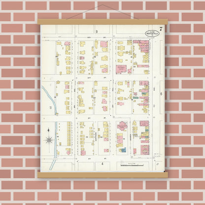 Old map wall art mockup — magnetic wood frame on brick wall — Sanborn Fire Insurance Map from Beaver Falls, Beaver County, Pennsylvania (1907), Sheet #0007