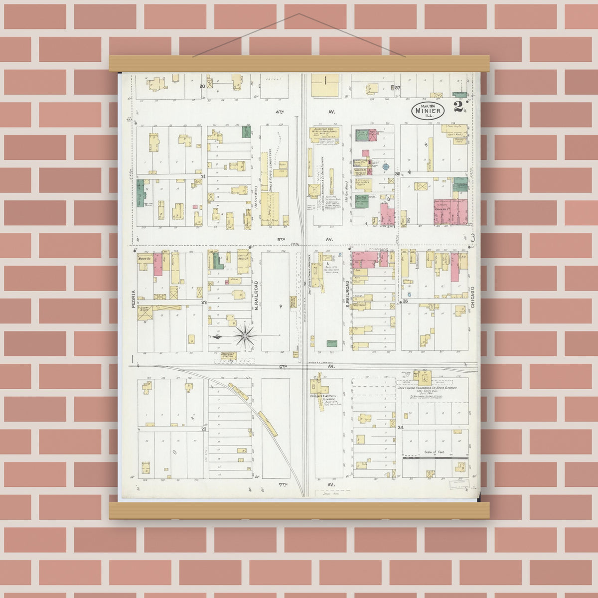 Old map wall art mockup — magnetic wood frame on brick wall — Sanborn Fire Insurance Map from Minier, Tazewell County, Illinois (1906), Sheet #0002