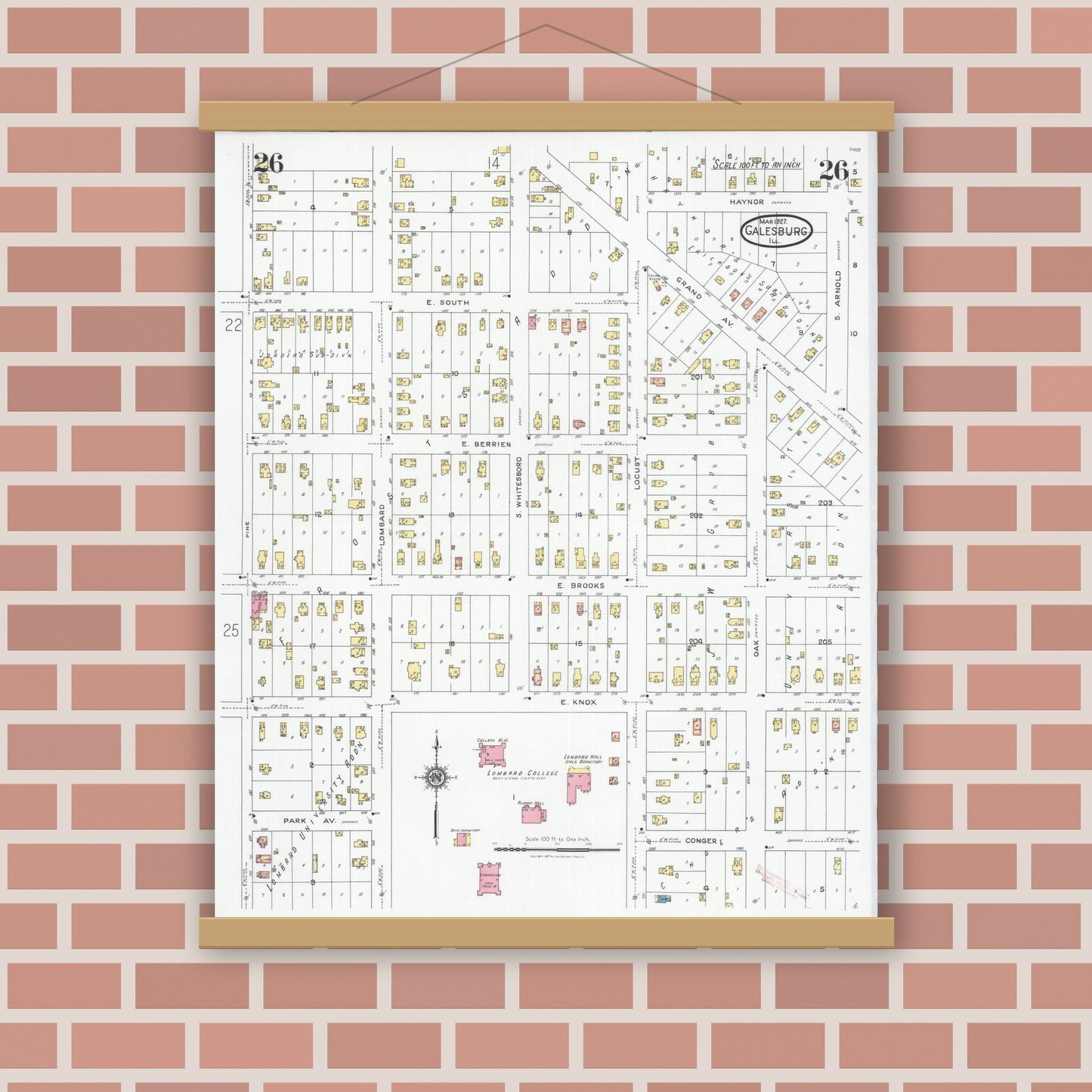 Old map wall art mockup — magnetic wood frame on brick wall — Sanborn Fire Insurance Map from Galesburg, Knox County, Illinois (1927), Sheet #0026