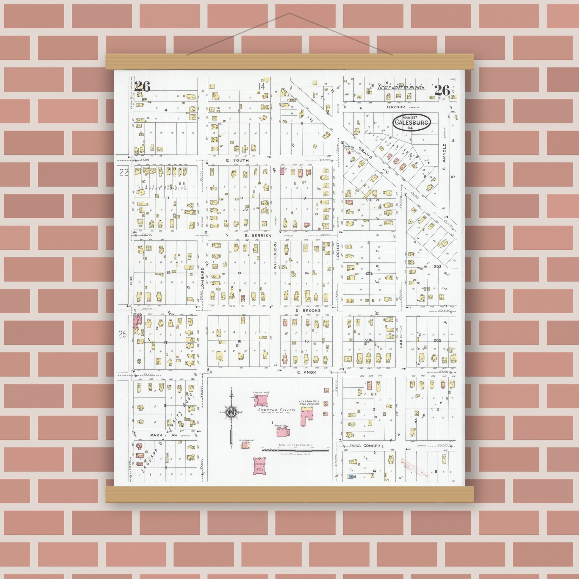 Old map wall art mockup — magnetic wood frame on brick wall — Sanborn Fire Insurance Map from Galesburg, Knox County, Illinois (1927), Sheet #0026