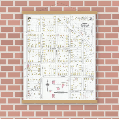 Old map wall art mockup — magnetic wood frame on brick wall — Sanborn Fire Insurance Map from Galesburg, Knox County, Illinois (1927), Sheet #0026