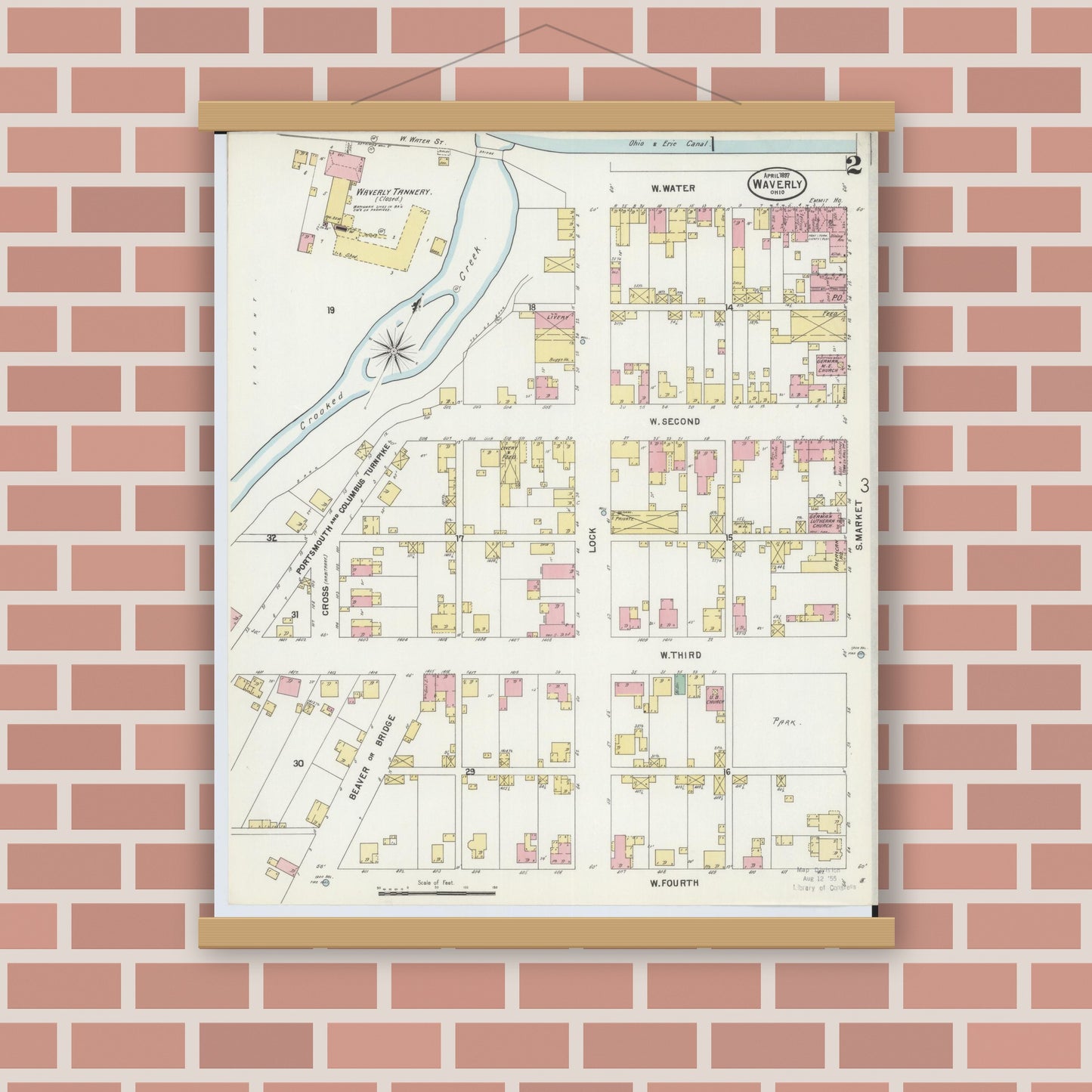 Old map wall art mockup — magnetic wood frame on brick wall — Sanborn Fire Insurance Map from Waverly, Pike County, Ohio (1897), Sheet #0002