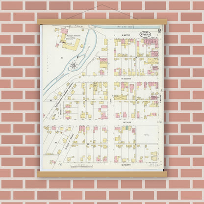 Old map wall art mockup — magnetic wood frame on brick wall — Sanborn Fire Insurance Map from Waverly, Pike County, Ohio (1897), Sheet #0002