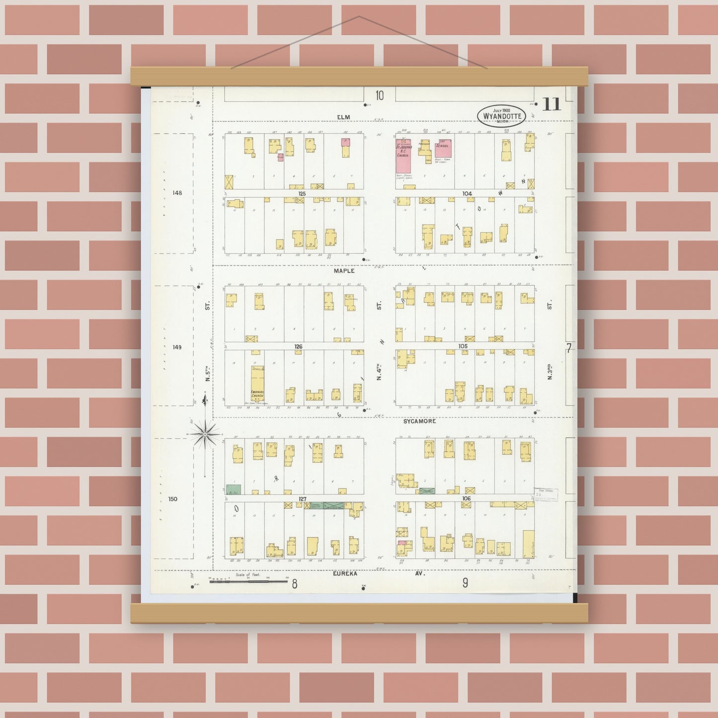 Old map wall art mockup — magnetic wood frame on brick wall — Sanborn Fire Insurance Map from Wyandotte, Wayne County, Michigan (1900), Sheet #0011