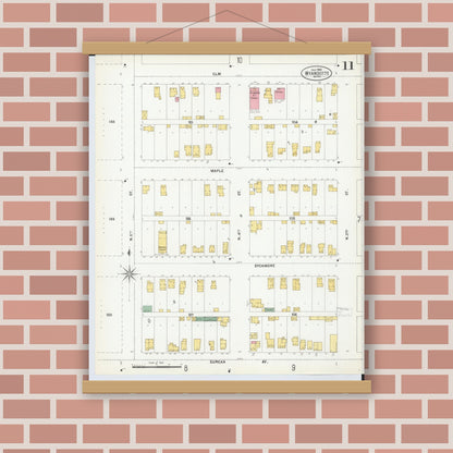 Old map wall art mockup — magnetic wood frame on brick wall — Sanborn Fire Insurance Map from Wyandotte, Wayne County, Michigan (1900), Sheet #0011