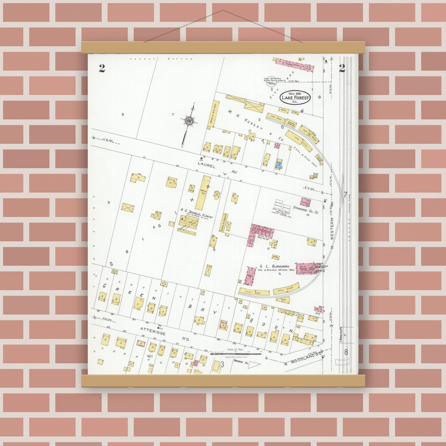 Old map wall art mockup — magnetic wood frame on brick wall — Sanborn Fire Insurance Map from Lake Forest, Lake County, Illinois (1926), Sheet #0002