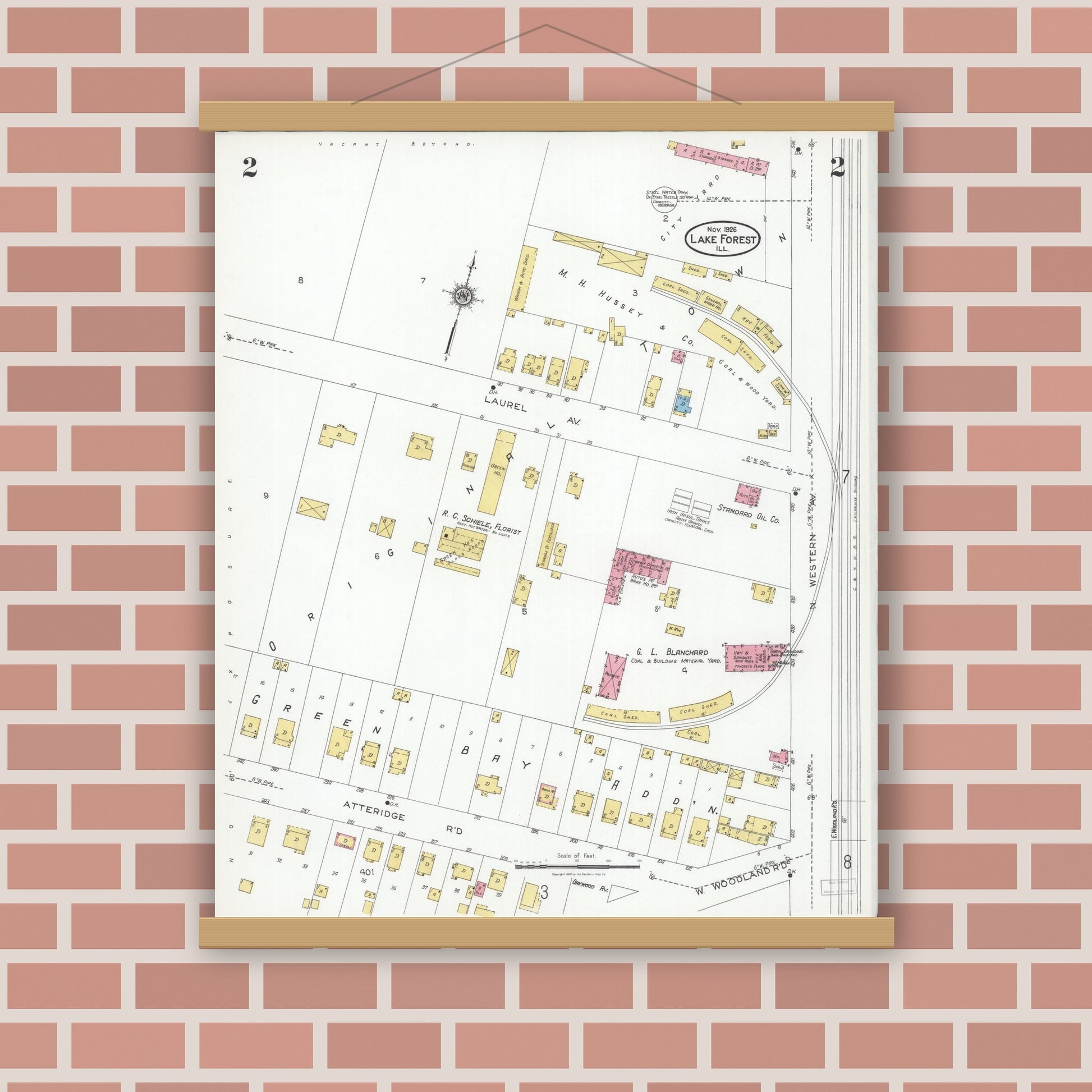 Old map wall art mockup — magnetic wood frame on brick wall — Sanborn Fire Insurance Map from Lake Forest, Lake County, Illinois (1926), Sheet #0002
