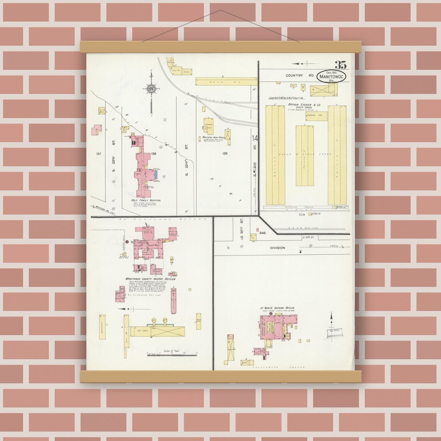 Old map wall art mockup — magnetic wood frame on brick wall — Sanborn Fire Insurance Map from Manitowoc, Manitowoc County, Wisconsin (1912), Sheet #0035